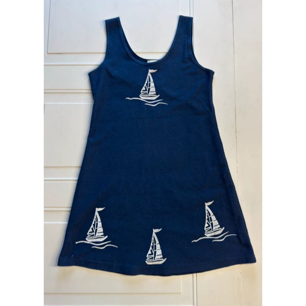Easy Apparel Vintage Women’s Sz Small Blue Sailboat Cotton Blend Tank Sun Dress - Picture 2 of 7